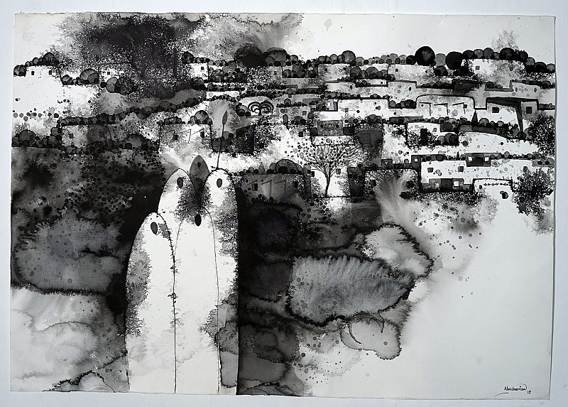 About the Artwork    Memories 1 Abushariaa Ahmed 2020 China Ink on Paper 70 X 100 Cm  by Abushariaa Ahmed