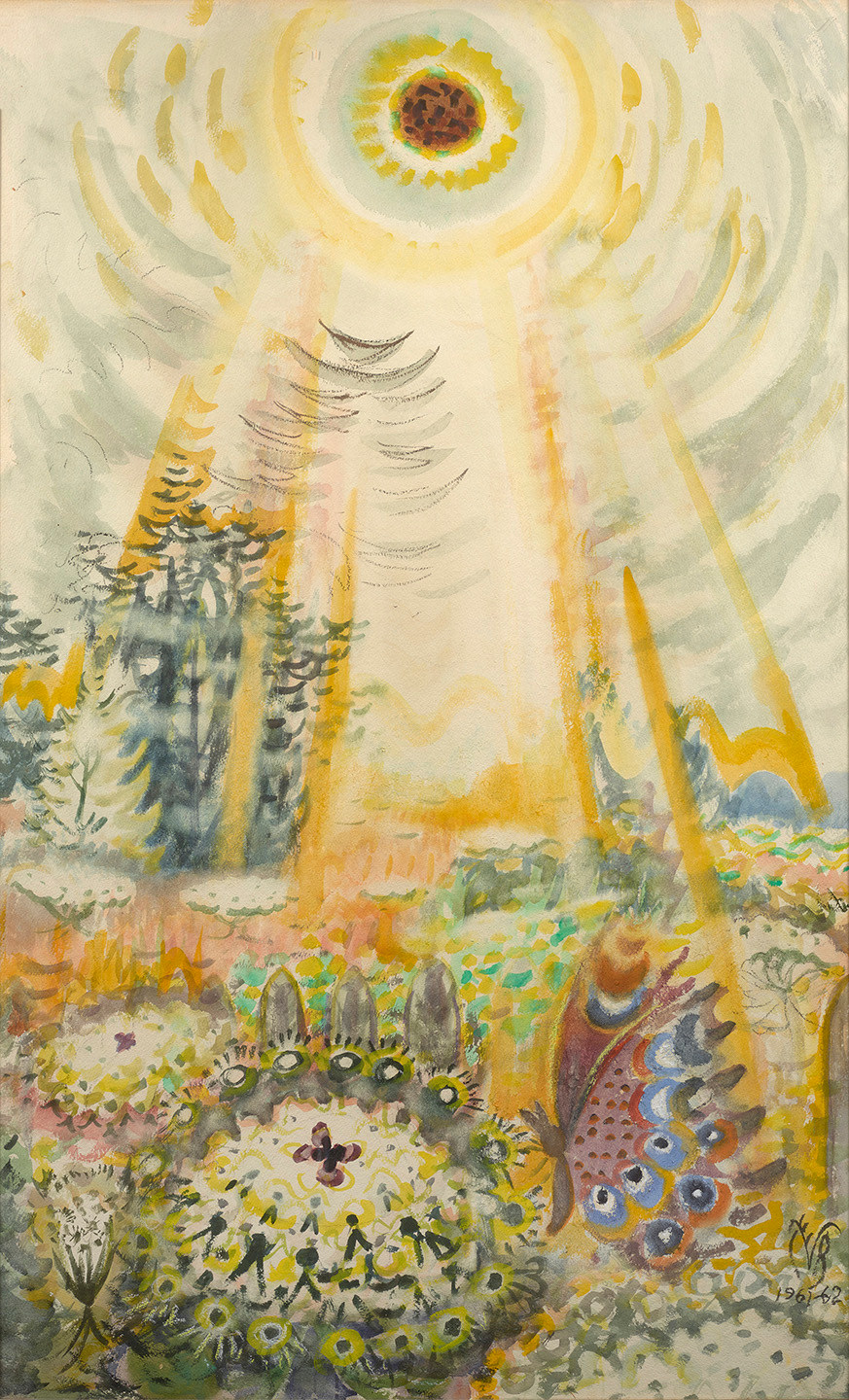 About the Artwork Charles Ephraim Burchfield (1893 1967)  the Sun and Queen Anne’s Lace, 1961 – 1962           Watercolor and Gouache on Pieced Paper Laid Down on Board  43 7:8 X 26 ¾ In.  by Charles Burchfield