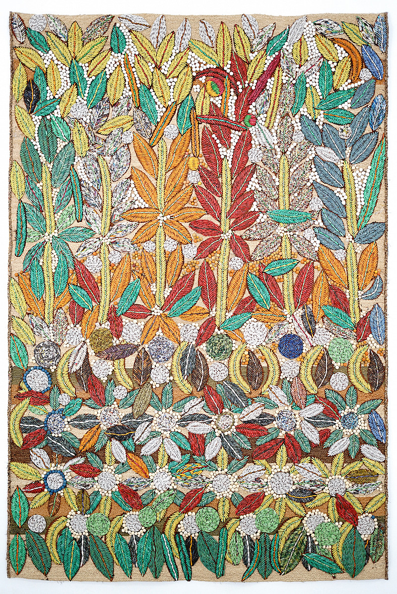 About the Artwork   Blossoming Sanaa Gateja 2021 Paper Bead on Hand Woven Raffia 235 X 156 Cm  by Sanaa Gateja