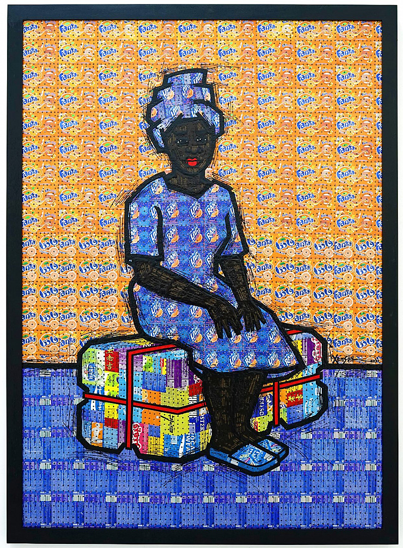 About the Artwork  Mukazi Ku Mali Xenson 2021 Enamel Paint on Recycled Beverage Cans 167 X 119 Cm  by Xenson