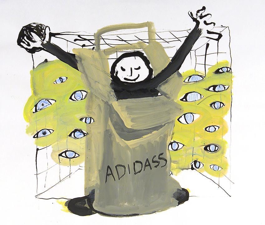 About the Artwork Anne Marie Schneider. Marque Adidas. 2002. Indian Ink, Gouache and Color Pencil on Paper. (32.2 X 38.1 Cm)  by Anne-Marie Schneider