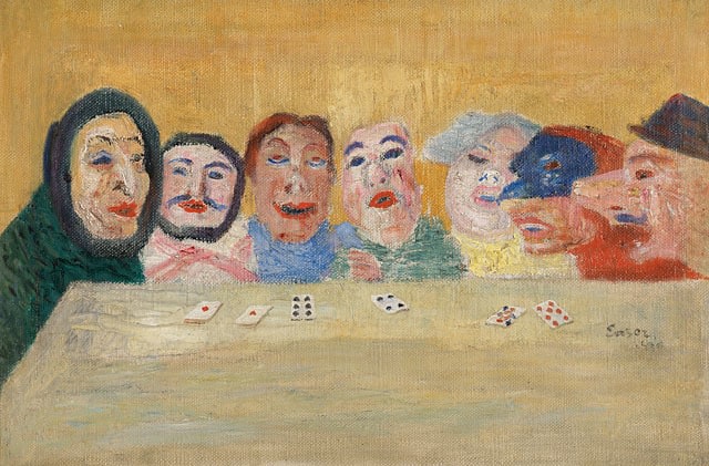 About the Artwork James Ensor. Masques Regardant Un Jeu Des Cartes (masks Looking at Playing Cards). 1896. Oil on Canvas. (27 X 41 Cm)  by James Ensor