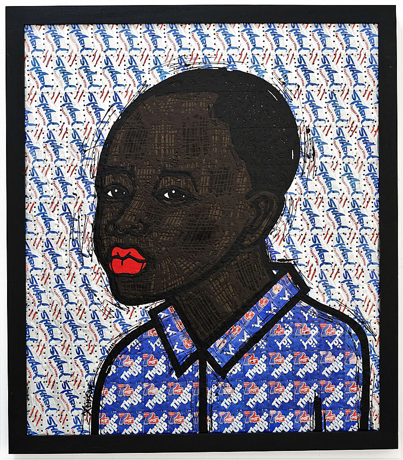About the Artwork  Mwesigwa Xenson 2021 Enamel Paint on Recycled Beverage Cans 116.3 X 100.5 Cm  by Xenson