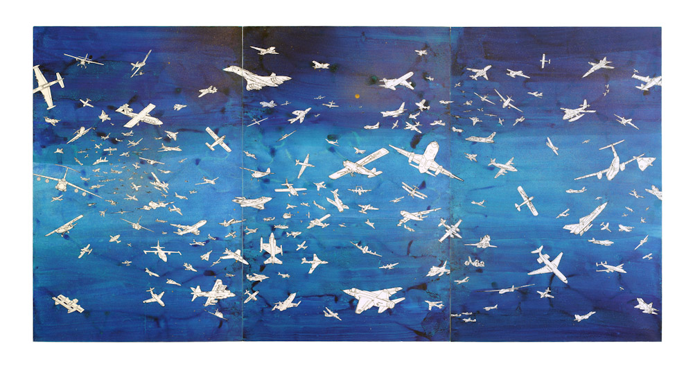 About the Artwork Alighiero Boetti. Aerei, 1989. Watercolor Mounted on Canvas. 3 Panels, (100.3 X 198.1 Cm) Overall Installed  by Alighiero Boetti