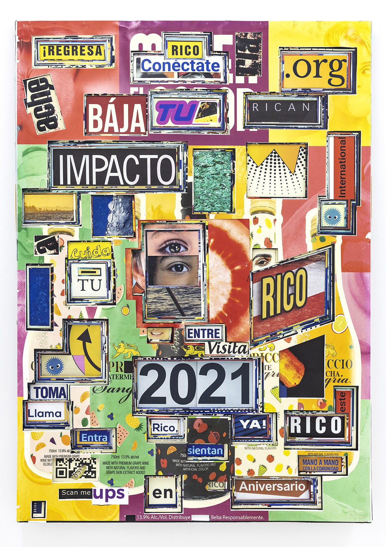 About the Artwork Chemi Rosado Seijo, Regresa Tu Impacto Rico Rico… (de La Serie Tapando Para Ver), 2020 2022, 20 Found Bus Stop Ads Printed on Vinyl Paper, Marker, Paint, Mounted on Wood, Screws, 49 X 69 X 2 Inches  by Chemi Rosado-Seijo